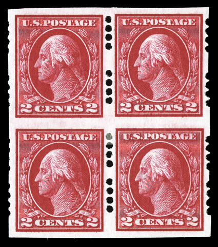 409, 2c Carmine imperforate, Farwell 4A4 and 4B4 perforations, block of four showing 4B4 perforations at top and 4A4 perforations at bottom, intense shade, o.g., h.r., choice
very fine a scarce and desirable mixed perforation spacing multiple