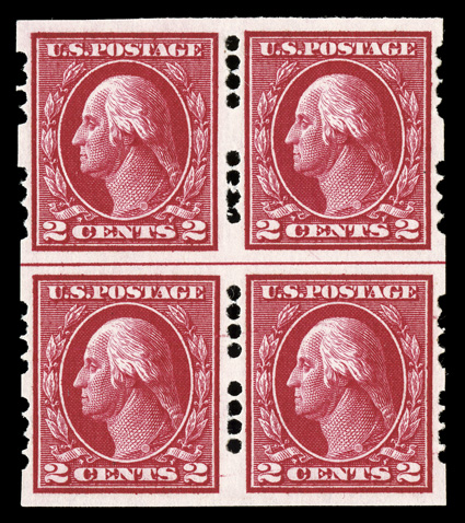 409, 2c Carmine imperforate, Farwell 4A4 and 4B4 perforations, horizontal line block of four, the top pair with 4B4 perforations and the bottom pair with 4A4 perforations,
intense color, beautifully centered and large margins, o.g., l.h., extrem