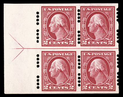 409, 2c Carmine imperforate, Farwell 4A4 and 4B4 perforations, scarce left margin arrow block of four, the top pair with 4B4 perforations and the bottom pair with 4A4
perforations, plus the block shows an interesting perforation spacing changeov
