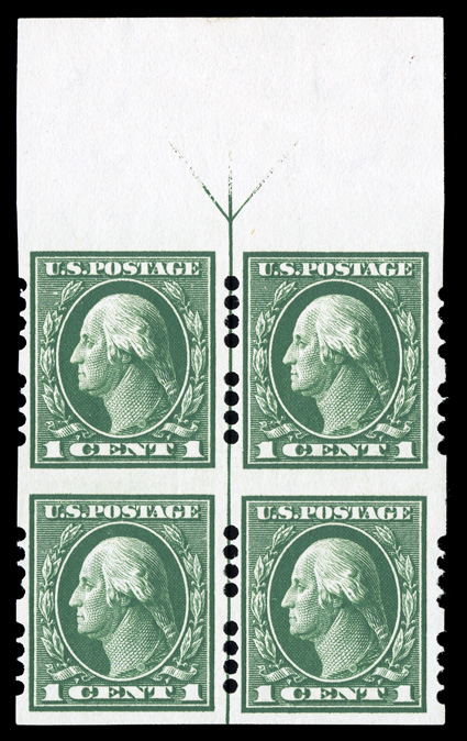 408, 1c Green imperforate, Farwell 4A4 perforations, seldom seen top margin arrow block of four, nicely centered, deep rich color, o.g., l.h. on the ungummed selvage, the
stamps n.h., very fine and handsome.