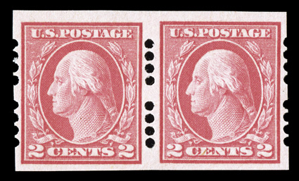 482, 2c Carmine imperforate, Ty. I, Farwell 4A4 perforations, choice pair, bright and fresh, beautifully centered, o.g., n.h., choice very fine signed S.D.
Harris.