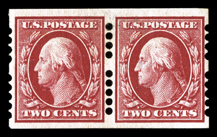 384, 2c Carmine imperforate, Farwell 4A5 perforations, 2mm spacing, pair, strikingly intense color, nicely centered, o.g., l.h., very fine and scarce.