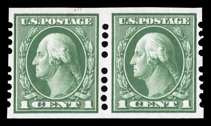 408, 1c Green imperforate, Farwell 4A5 perforations, a select pair of this rare and infrequently offered coil, excellent centering, strong color on fresh paper, o.g., l.h.,
extremely fine.