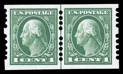 408, 1c Green imperforate, Farwell 4A5 perforations, rare guide line pair, precisely centered, oversized margins all around, o.g., small h.r., shallow thinned spot, extremely
fine appearance.