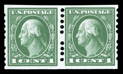 408, 1c Green imperforate, Farwell 5A4 perforations, pair, post office fresh, luxuriant color, pristine o.g., n.h., very fine and rare.