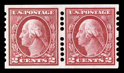 409, 2c Carmine imperforate, Farwell 4A5 perforations, select pair, particularly well centered and margined, very fresh, o.g., l.h., extremely fine among the finest pairs
available of this rare private vending machine coil.