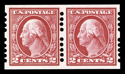 409, 2c Carmine imperforate, Farwell 4A5 perforations, attractive pair, rich color, large margins, o.g., l.h., nearly very fine an exceedingly scarce and seldom offered
coil.