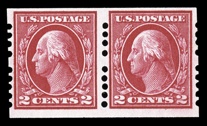 409, 2c Carmine imperforate, Farwell 4A5 perforations, another pair, luxuriant color, o.g., l.h., fresh and fine.
