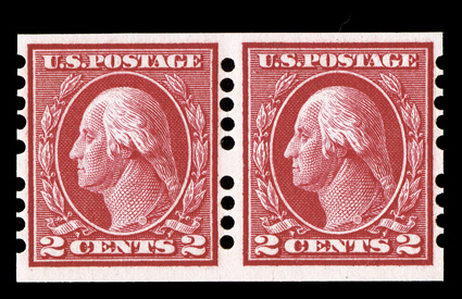409, 2c Carmine imperforate, Farwell 5A4 perforations, seldom seen pair, intense color, nicely centered, o.g., barest trace of hinging, very fine and rare.