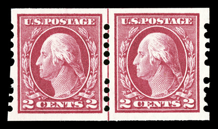 409, 2c Carmine imperforate, Farwell 5A4 perforations, a rarely offered guide line pair, post office fresh and quite well centered, strong color, o.g., n.h., choice very fine
ex-Wampler.