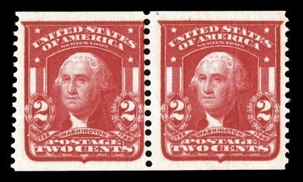320b, 2c Scarlet imperforate, Ty. I, International Vending Machine perforations 12½, an incredibly fresh pair, strong and intact perforations, radiant color, o.g., never
hinged, the right stamp with a natural paper fold, otherwise very fine 197