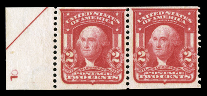 320b, 2c Scarlet imperforate, Ty. I, International Vending Machine perforations 12½, a desirable left sheet-margin part arrow pair, crisp and intact, bright and fresh, o.g.,
l.h., a couple slightly nibbed perfs. at right, fine-very fine actuall