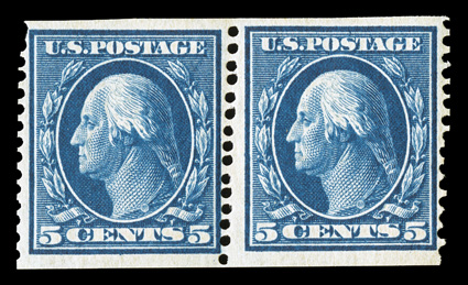 347, 5c Blue imperforate, International Vending Machine perforations 12½, a fantastic pair of this great coil rarity, featuring a marvelous overall freshness, deep luxuriant
color and strong, intact perforations, characteristic slightly diagonal