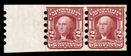 320a, 2c Lake imperforate, Mailometer Ty. I perforations, seldom seen left roll leader margin pair, fresh, o.g., light h.r., right stamp n.h., fine and desirable specialist
item 2000 PF certificate.