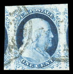 9, 1c Blue, Ty. IV, position 44L1L, a stunning used single, sporting gigantic margins, including large equal portions of the adjoining stamps at sides, plus part of the
adjoining stamps at top, deep luxuriant color and a prooflike impression on