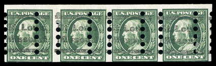 383, 1c Green imperforate, Mailometer Ty. I perforations, strip of four showing not only mixed 2mm and 3mm spacing but also  double perforations, St. Louis, Missouri.
precancellation, fine and striking.