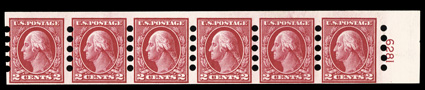 409, 2c Carmine imperforate, Mailometer Ty. I perforations, right margin plate no. 6281 strip of six, intense color, o.g., n.h., fine and scarce.