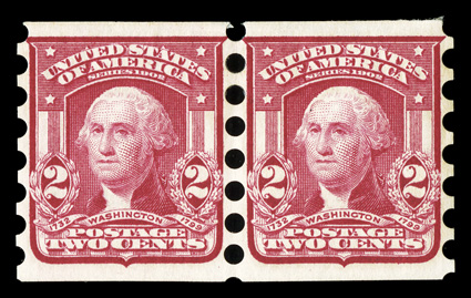 320, 2c Carmine imperforate, Mailometer Ty. II perforations, select pair, incredibly well centered, bright and fresh, o.g., l.h., extremely fine.