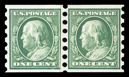 383, 1c Green imperforate, Mailometer Ty. II perforations, paste-up pair, nicely centered and fresh, o.g., l.h., fine-very fine.