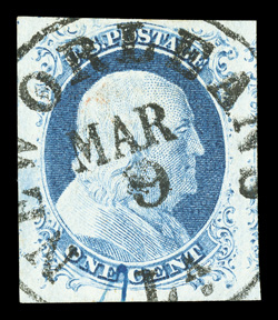 9, 1c Blue, Ty. IV, enormously large margins all around, fresh color, neat c.d.s. cancel and a tiny blue ms. mark at bottom, extremely fine an especially large-margined
gem.