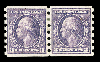 343-45, 1c Green, 2c Carmine and 3c Deep violet imperforates, Mailometer Ty. III perforations, 2mm spacing, select pairs of each, choice centering and margins, o.g., 1c and 3c
h.r., an extremely fine trio 1c signed Mekeel.