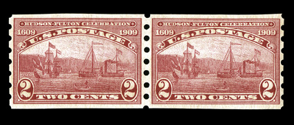 373, 2c Hudson-Fulton imperforate, Mailometer Ty. III perforations, a phenomenal pair in a quality rarely encountered, precisely centered and balanced margins, post office
fresh, immaculate o.g., n.h., an extremely fine gem.
