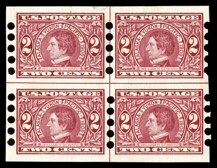 371, 2c Alaska-Yukon imperforate, Mailometer Ty. IV perforations, an exceedingly rare  center line block of four, incredibly well centered, large margins, o.g., bottom pair
n.h., top stamps with small thinned spots, extremely fine appearance