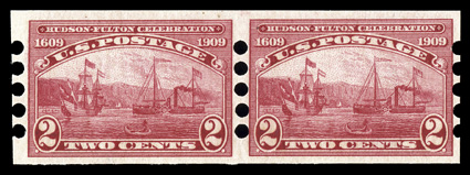 373, 2c Hudson-Fulton imperforate, Mailometer Ty. IV perforations, pair, fresh and well centered, rich color, pristine o.g., n.h., very fine.