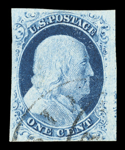 9, 1c Blue, Ty. IV, position 99R1L, recut once at top, handsome used single, large to extra-large margins all around, strong color, light town cancel, extremely fine 1987 PF
certificate ex-Koppersmith.