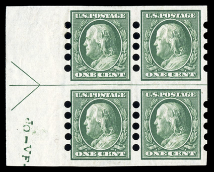 383, 1c Green imperforate, Mailometer Ty. IV perforations, 3mm spacing, seldom seen left margin arrow block of four, well centered, o.g., several h.r.s at top, bottom stamps
n.h., very fine 1989 PSE certificate.