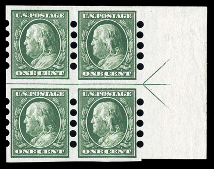 383, 1c Green imperforate, Mailometer Ty. IV perforations, 3mm spacing, scarce right margin arrow block of four, beautifully centered, o.g., h.r.s at top, extremely fine and
handsome.