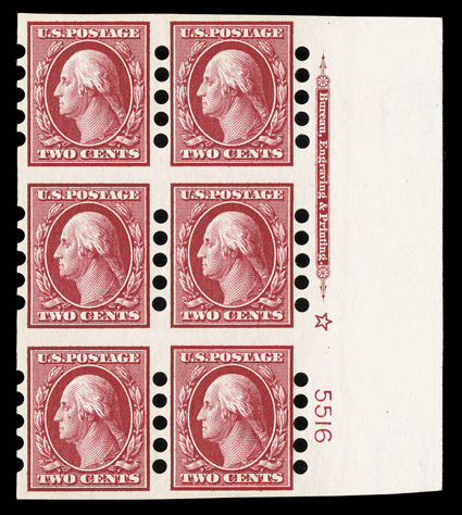 384, 2c Carmine imperforate, Mailometer Ty. IV perforations, 3mm spacing, a showpiece full right margin imprint, star and plate no. 5516 block of six, excellent centering,
large even margins all around, rich color, o.g., h.r. at top, two shallow