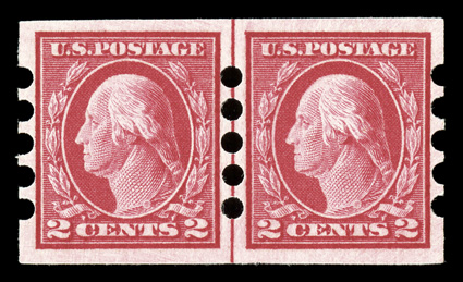 482, 2c Carmine imperforate, Ty. I, Mailometer Ty. IV perforations, excellent guide line pair, flawlessly centered within large balanced margins, radiant color on fresh paper,
o.g., n.h., an extremely fine gem.