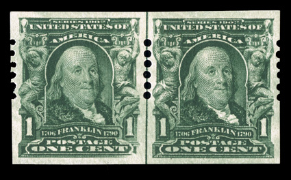 314, 1c Blue green imperforate, Schermack Ty. I perforations, six holes, guide line pair, a fabulous example of this rare line pair, being in a quality unlike any other we have
ever encountered, post office fresh, precisely centered, generous ev