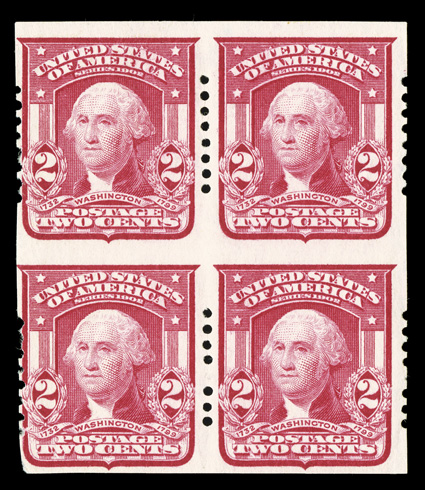 320, 2c Carmine imperforate, Schermack Ty. I perforations, eight holes, seldom seen block of four, vivid rich color, o.g., left pair h.r., very fine.