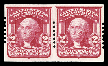 320, 2c Carmine imperforate, Schermack Ty. I perforations, seven holes, an outstanding pair, with gorgeous rich color on crisp white paper, wonderfully well centered within
generous margins, pristine o.g., n.h., extremely fine a nicer pair woul