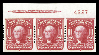 320, 2c Carmine imperforate, Schermack Ty. I perforations, seven holes, a showpiece top margin imprint and plate no. 4227 strip of three of this very scarce perforation,
featuring gloriously rich color on fresh paper, exceptionally well centered
