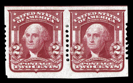 320a, 2c Lake imperforate, Schermack Ty. I perforations, eight holes, pair, intense color, nicely centered and large margins, o.g., h.r., very fine signed
Mekeel.