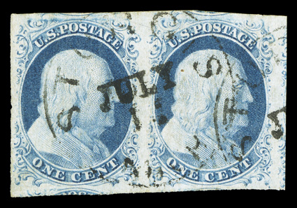 9, 1c Blue, Ty. IV, horizontal pair, both recut once at top and once at bottom, boasting lavishly large margins all around, including showing bits of the adjacent stamps at top,
right and bottom, bright color on fresh white paper, town cancels,