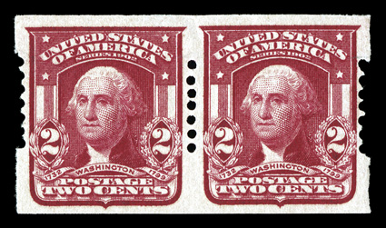 320a, 2c Lake imperforate, Schermack Ty. I perforations, seven holes, an especially choice pair, incredibly fresh, precisely centered and large margins, pristine o.g., n.h.,
extremely fine this scarce seven hole perforation is rarely found in p