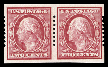 344, 2c Carmine imperforate, Schermack Ty. I perforations, a select example of this seldom offered pair, large even margins and beautifully centered, o.g., l.h., extremely
fine.