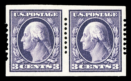 345, 3c Deep violet imperforate, Ty. I, Schermack Ty I perforations, a superior example of this rare pair, rich luxuriant color, exceptionally well centered and oversized
margins, o.g., l.h., extremely fine and handsome.
