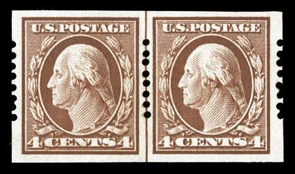 346, 4c Orange brown imperforate, Schermack Ty. I perforations, an exceedingly rare guide line pair, remarkably well centered, large margins all around, deep rich color,
disturbed o.g., extremely fine one of just a very few line pairs extant l