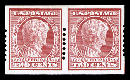 368, 2c Lincoln imperforate, Schermack Ty. I perforations, seven holes, 2mm spacing, pair, generous margins, o.g. with some gum loss due to hinge removal, fine-very fine and
quite scarce.