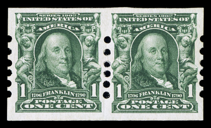 314, 1c Blue green imperforate, Schermack Ty. II perforations, pair, generous margins and well centered, o.g., h.r., pencil notation on gum, very fine.
