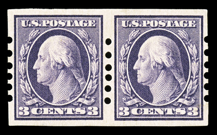 345, 3c Deep violet imperforate, Ty. I, Schermack Ty. II perforations, 2mm spacing, select pair, choice centering and margins, strong color and quite fresh, o.g., l.h.,
extremely fine.