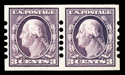 345, 3c Deep violet imperforate, Ty. I, Schermack Ty. II perforations, 2mm spacing, another scarce pair, bright and fresh, large margins, o.g., l.h., fine-very
fine.