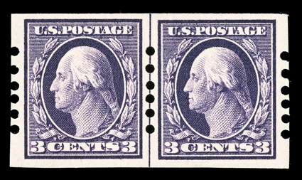 345, 3c Deep violet imperforate, Ty. I, Schermack Ty. II perforations, 2mm spacing, an exceedingly handsome and rare guide line pair, deep luxuriant color on fresh paper, near
perfect centering and generous margins, o.g., extremely fine.