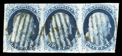 9, 1c Blue, Ty. IV, used horizontal strip of three, large margins all around except just into design at bottom right, deep rich color and a strong early impression, grid
cancels, very fine overall 2004 PF certificate.