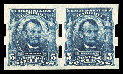 315, 5c Blue imperforate, Schermack Ty. III perforations, an attractive pair of this surprisingly rare coil, deep rich color, nicely centered and large well balanced margins,
o.g., very fine.